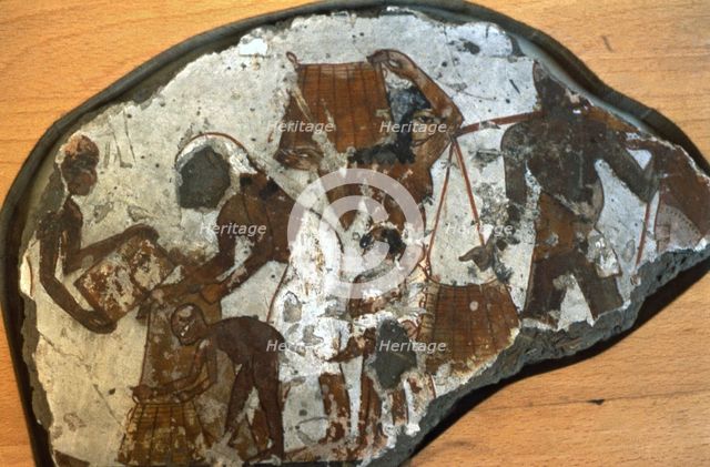 Fragment of a fresco from Thebes, showing a scene of people working.