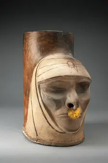 Fragment of a Jar in the Form of a Human Head, Possibly Deceased, Wearing a Nosering, 100 BC/AD 500. Creator: Unknown