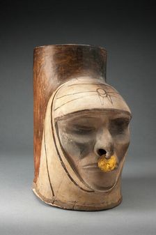 Fragment of a Jar in the Form of a Human Head, Possibly Deceased, Wearing a Nosering, 100 BC/AD 500. Creator: Unknown