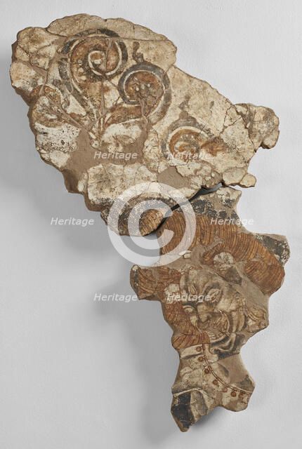 Fragment of a mural with a three-eyed demon with skulls in their hair, 8th-9th century. Creator: Sogdian Art.