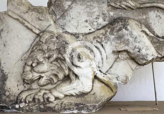 Fragment of a Roman relief which depicts a lion, Museum of Miletus, Turkey, 1999. Creator: LTL.
