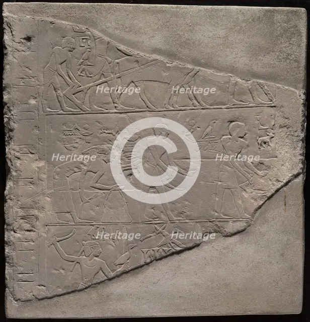 Fragment of a Stela Depicting Plowing, Harvesting, and Fowling, Egypt, First Intermediate Period... Creator: Unknown.