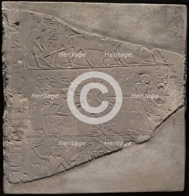 Fragment of a Stela Depicting Plowing, Harvesting, and Fowling, Egypt, First Intermediate Period... Creator: Unknown.