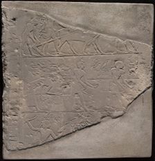 Fragment of a Stela Depicting Plowing, Harvesting, and Fowling, Egypt, First Intermediate Period... Creator: Unknown