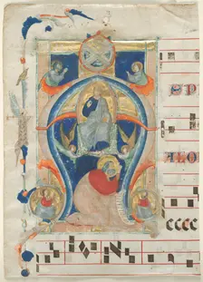 Fragment of an Antiphonary with Historiated Initial (A): Christ in Majesty, 1308. Creator: Neri da Rimini (Italian)