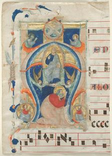 Fragment of an Antiphonary with Historiated Initial (A): Christ in Majesty, 1308. Creator: Neri da Rimini (Italian)