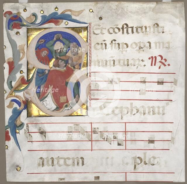 Fragment of an Antiphonary with Historiated Initial (S): The Stoning of St. Stephen, c. 1370-1372. Creator: Nicolò da Bologna (Italian, c. 1325-1403).