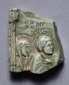 Fragment of an Icon of the Crucifixion with Mary Magdalene and the Virgin Mary, 1300s. Creator: Unknown