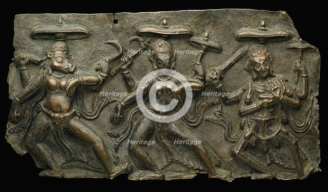 Fragment of Mother Goddesses (Matrika) Panel with Varahi, Kaumari, and Chamunda, 10th/11th century. Creator: Unknown.