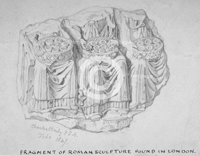 Fragment of Roman sculpture found in Hart Street, Crutched Friars, City of London, 1847. Artist: Charles Baily