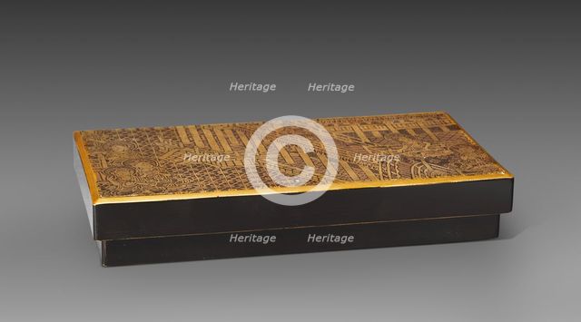 Fragment Mounted as a Box Cover with a Scene from Amida's Paradise, 1100s. Creator: Unknown.