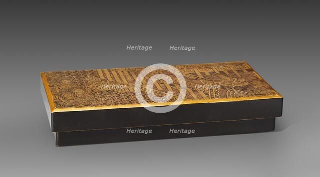 Fragment Mounted as a Box Cover with a Scene from Amida's Paradise, 1100s. Creator: Unknown.