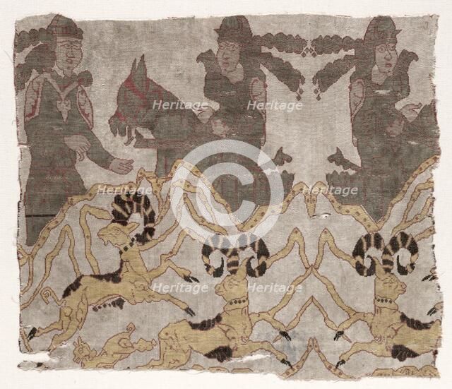 Fragment with Landscape, Hunters and Ibexes, 800s. Creator: Unknown.