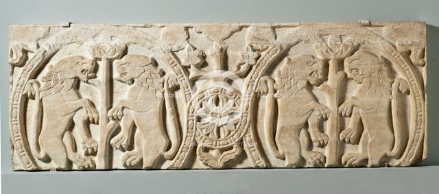 Fragment with Lions Rampant from a Choir Screen or Ambo, c.1100. Creator: Unknown.