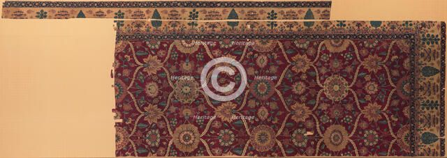 Fragments of a Carpet with Lattice and Blossom Pattern, India or present-day Pakistan, ca. 1650. Creator: Unknown.