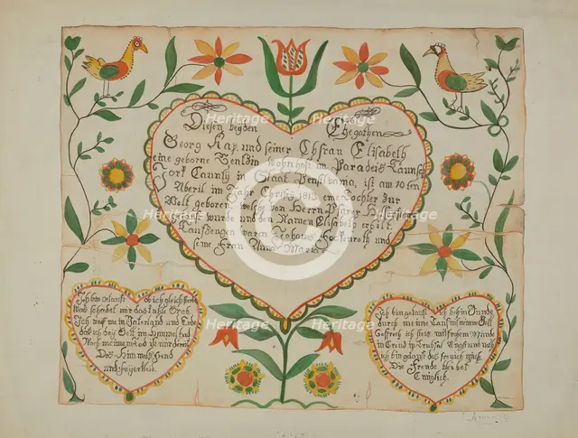 Fraktur - Birth and Baptismal Certificate, 1935/1942. Creator: Emma M. Krumrine.