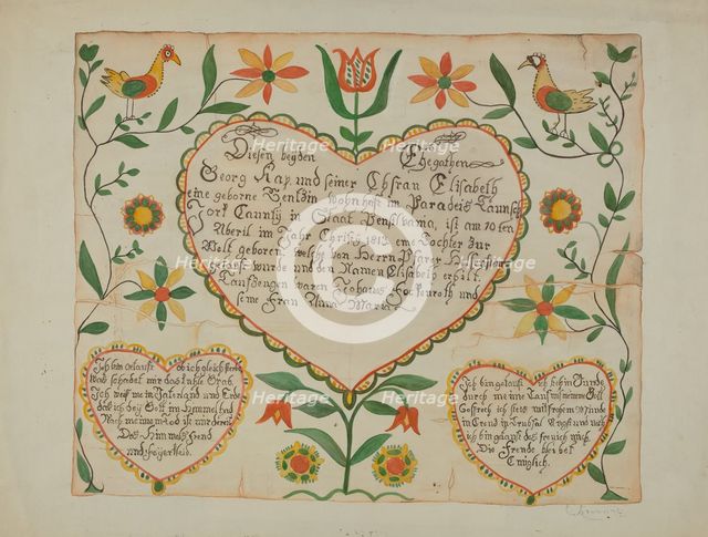Fraktur - Birth and Baptismal Certificate, 1935/1942. Creator: Emma M. Krumrine.