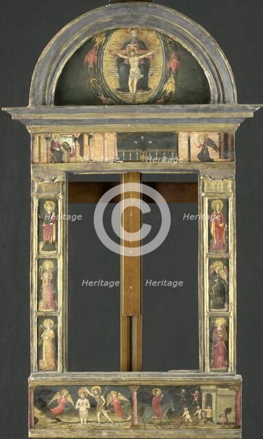 Frame depicting the Annunciation, Baptism of Christ, Entry into Jerusalem, Saints Cecilia and Cather Creator: Circle of Giovanni di Francesco del Cervelliera.