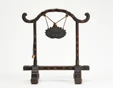 Frame for a gong with a bronze gong suspended by a cord; mallet hanging, Edo period, 1615-1868. Creator: Unknown