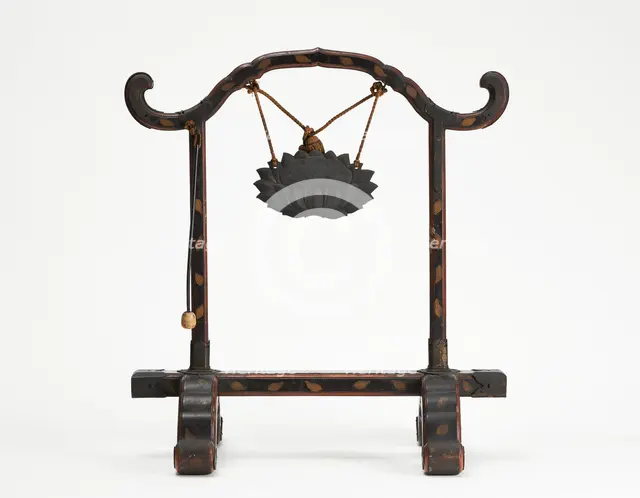 Frame for a gong with a bronze gong suspended by a cord; mallet hanging, Edo period, 1615-1868. Creator: Unknown.
