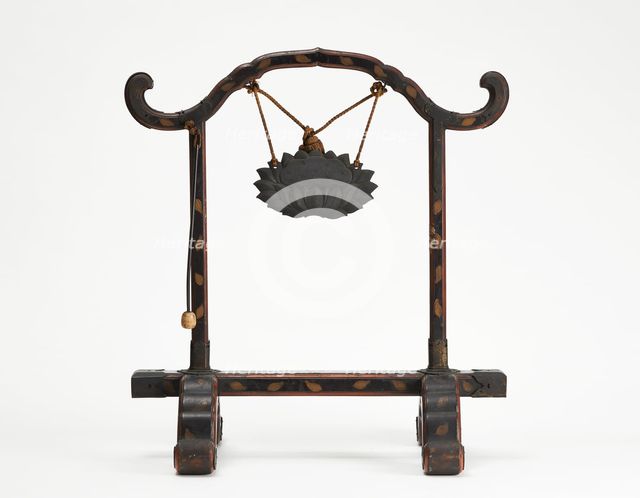 Frame for a gong with a bronze gong suspended by a cord; mallet hanging, Edo period, 1615-1868. Creator: Unknown.