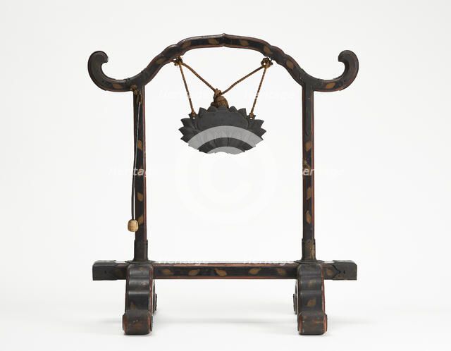 Frame for a gong with a bronze gong suspended by a cord; mallet hanging, Edo period, 1615-1868. Creator: Unknown.