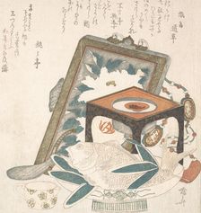 Framed Painting, Small Stand with a Wine Cup and a Dish with a Fish, 19th century., 19th century. Creator: Shinsai