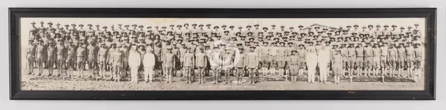 Framed panoramic photograph of M Company, 365th Infantry, 183d Brigade, 1917-1919. Creator: Unknown.