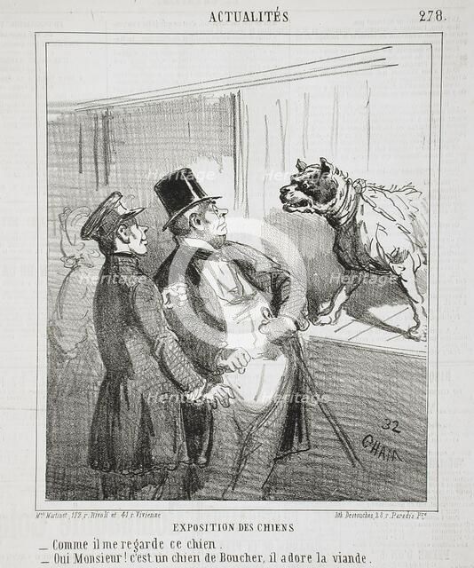 Français : Exposition des chiens: Comme il me regarde ce chien. -Oui Monsieur! c'est un..., 1865. Creator: Cham.