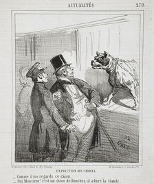 Français : Exposition des chiens: Comme il me regarde ce chien. -Oui Monsieur! c'est un..., 1865. Creator: Cham