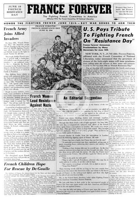 France Forever, newspaper, 18 June 1944. Artist: Unknown