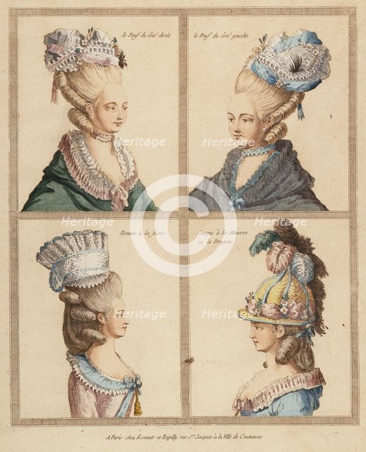 France, Rapilly, 18th Century Print showing Headdresses Engraving, hand-tinted gouach, 18th century. Creator: Unknown.