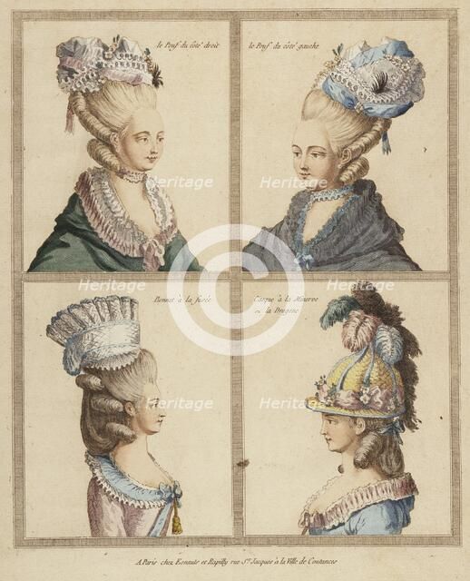 France, Rapilly, 18th Century Print showing Headdresses Engraving, hand-tinted gouach, 18th century. Creator: Unknown.