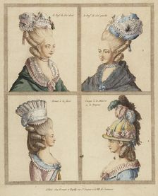 France, Rapilly, 18th Century Print showing Headdresses Engraving, hand-tinted gouach, 18th century. Creator: Unknown