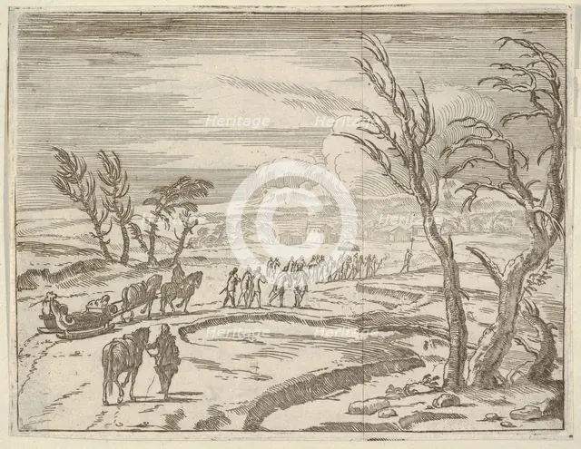 Francesco I d'Este, Despite his Discomfort, Displays his Piety While Traveling in the Snow..., 1659. Creator: Bartolomeo Fenice.
