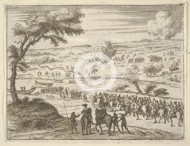 Francesco I d'Este Freely Crosses the Po and Takes Up his Sword Against Troops in the Viny..., 1659. Creators: Bartolomeo Fenice, Jean Sauve.