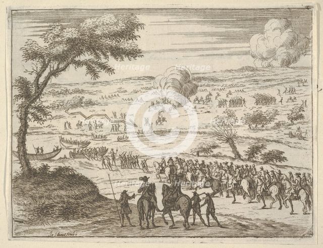 Francesco I d'Este Freely Crosses the Po and Takes Up his Sword Against Troops in the Viny..., 1659. Creators: Bartolomeo Fenice, Jean Sauve.