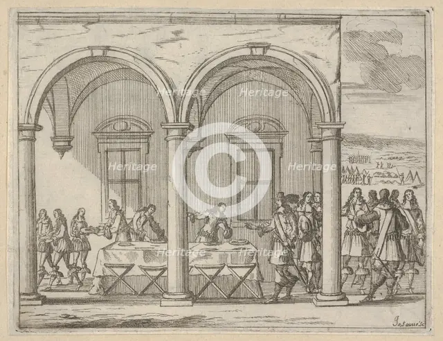 Francesco I d'Este Sustains Himself While on His War Campaign, from L'Idea di un Principe ..., 1659. Creators: Bartolomeo Fenice, Jean Sauve.