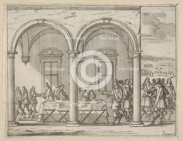 Francesco I d'Este Sustains Himself While on His War Campaign, from L'Idea di un Principe ..., 1659. Creators: Bartolomeo Fenice, Jean Sauve.
