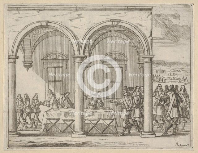 Francesco I d'Este Sustains Himself While on His War Campaign, from L'Idea di un Principe ..., 1659. Creators: Bartolomeo Fenice, Jean Sauve.