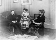 Frances Benjamin Johnston, full lgth., seated, having tea with 2 other people, n.d.. Creator: Frances Benjamin Johnston