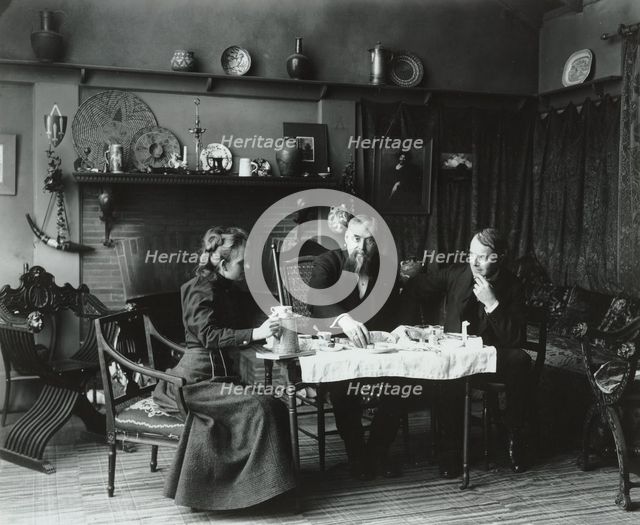 Frances Benjamin Johnston having tea with Elbert Hubbard (far right)...Washington, D.C., c1900. Creator: Frances Benjamin Johnston.