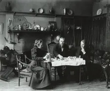Frances Benjamin Johnston having tea with Elbert Hubbard (far right)...Washington, D.C., c1900. Creator: Frances Benjamin Johnston