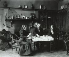 Frances Benjamin Johnston having tea with Elbert Hubbard (far right)...Washington, D.C., c1900. Creator: Frances Benjamin Johnston