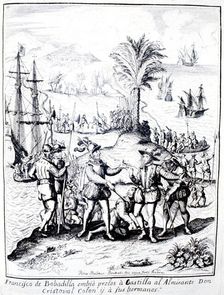Francisco de Bobadilla arresting Christopher Columbus and his brothers, engraving in the work De…