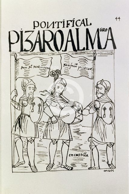 Francisco Pizarro and Diego de Almagro with a flageolet player of Castile, illustration from the …