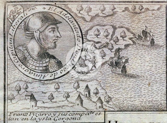  'Francisco Pizarro and his companions are on the Gorgona island', engraving from 1726, with the …
