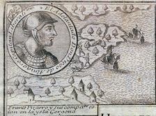 Francisco Pizarro and his companions are on the Gorgona island engraving from 1726, with the …