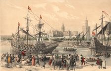 Francisco Pizarro preparing their ships in Sevilla, to go on an expedition to Peru