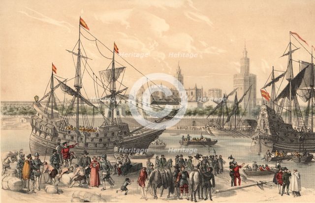 Francisco Pizarro preparing their ships in Sevilla, to go on an expedition to Peru.